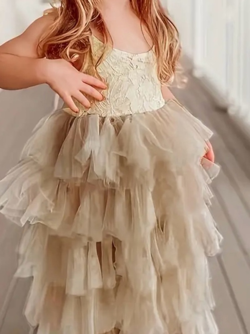 Girls Layered Tulle Party Dress in Champagne - Picture 3 of 7